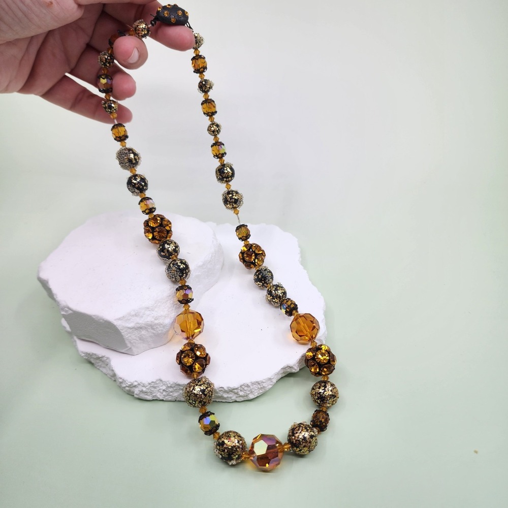 ALICE CAVINESS Vintage Amber Glass Crystals Beaded Necklace Gold Tone Statement